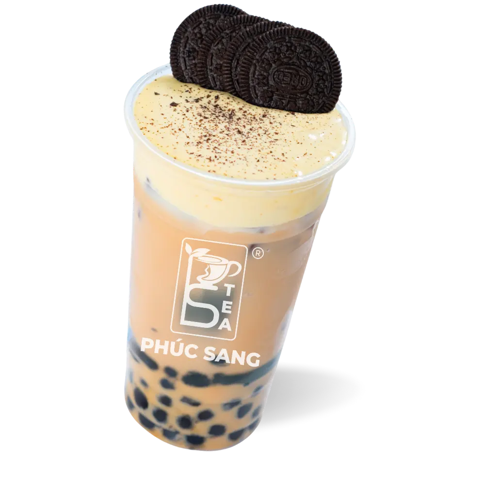 Ly trà sữa kem trứng nướng topping oreo thành phẩm